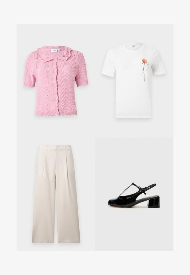 VILA VILUND SHIRT - Kardigan - sangria sunset; Valge lühikeste varrukatega t-särk, millel on vasakul rinnal üks roosa roos valge paelaga varre ümber seotud.; ONLY ONLLANDO PLEAT CULOTTE PANT - Püksid - pumice stone; Mustmust mustšuhk, millel on T-riba disain, ümar nina ja madal plokkneel. Omab painduva pahkluu rihma.