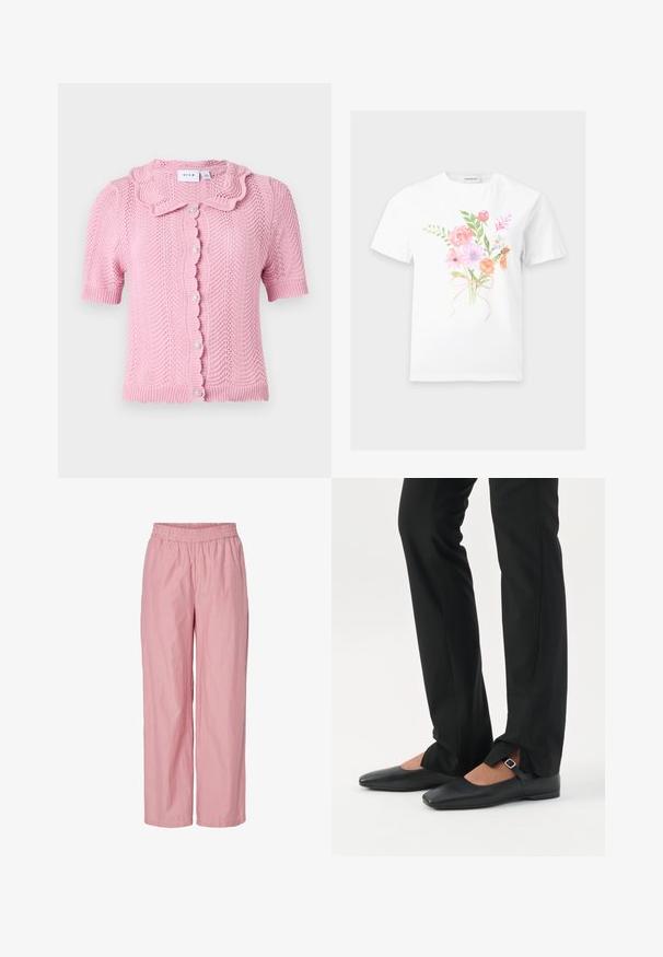 VILA VILUND SHIRT - Kardigán - sangria sunset; Biele tričko s krátkym rukávom s farebnou kvetinovou kyticou viazanou mašľou potlačenou na prednom strede.; Ružové pruhované nohavice s širokými nohami a elastickým pásom. Vyrobené z ľahkej látky s hladkou textúrou. Obsahujú jemné vertikálne pruhy.; Nohy v čiernych priliehavých nohaviciach s prednými rozparkami na leme, v kombinácii s čiernymi plochými topánkami Mary Jane s malým prackovým remienkom.