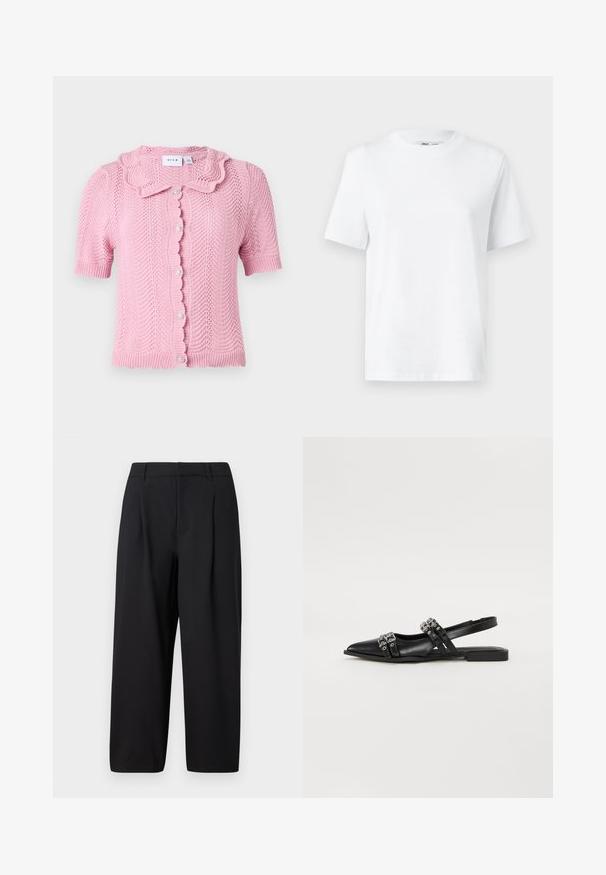 VILA VILUND SHIRT - Kardigán - sangria sunset; Biela bavlnená tričko s okrúhlym výstrihom, krátkymi rukávmi a hladkou textúrou. Navrhnuté s voľným strihom pre pohodlie a univerzálnosť.; Čierne nohavice s voľným strihom, prešitým predným dielom, plochým pásom a hladkou textúrou. Strihané do cropped dĺžky, vhodné na formálne alebo neformálne nosenie.; Even&Odd by Zalando Balerínky na šnúrky - black