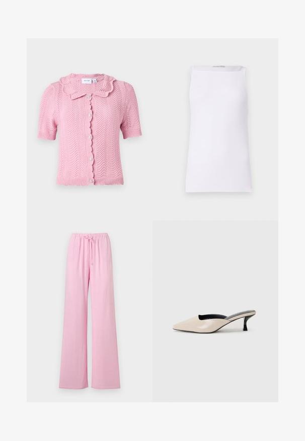 VILA VILUND SHIRT - Ζακέτα - sangria sunset; Λευκή άνετη μπλούζα χωρίς μανίκια από ριπ ύφασμα. Διαθέτει ευθύ κοψίμα και φαρδύ λαιμόκοψη. Λείο υλικό χωρίς ορατά σχέδια ή λεπτομέρειες.; Φαρδιά παντελόνια σε ανοιχτό ροζ χρώμα, με ελαστική μέση και κορδόνι, κατασκευασμένα από απαλό, ρευστό ύφασμα.; Μπεζ πατινέ δερμάτινη γόβα με μυτερή μύτη και χαμηλό μαύρο τακούνι. Λείος υφής, μινιμαλιστικός σχεδιασμός με ανοιχτές πλευρές.