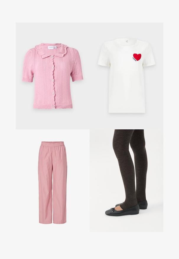 VILA VILUND SHIRT - Kardigán - sangria sunset; Biela tričko s krátkym rukávom s červeným srdcom a slovom "AMOUR" potlačeným na ľavej strane hrudníka.; Ružové pruhované nohavice s širokými nohami a elastickým pásom. Vyrobené z ľahkej látky s hladkou textúrou. Obsahujú jemné vertikálne pruhy.; Nohy v tmavých pásikavých legínach v kombinácii s čiernymi balerínkami s malými mašličkami na bielom pozadí.