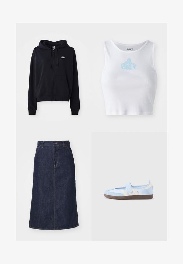 Sudadera con cremallera negra, hecha de tela suave, con un bolsillo canguro, capucha con cordón y un pequeño logo reflectante en el pecho.; Top corto blanco de canalé con un escote redondo y un logo "OBEY" en azul claro centrado en el pecho. Textura suave y diseño ajustado.; Falda de mezclilla oscura con cintura alta, corte recto, bolsillos delanteros y costuras cosidas. Presenta un cierre de cremallera y botón en la cintura.; Zapatilla azul claro con una tira de velcro, rayas crema en los lados, parte superior de tela suave y suela de goma marrón texturizada.