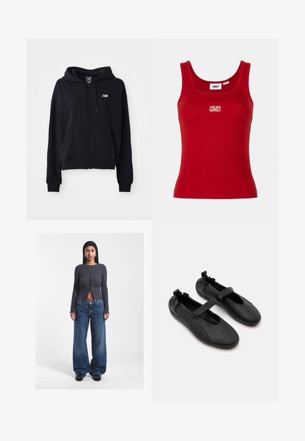 Schwarze Zip-Hoodie aus weichem Stoff, mit Kängurutasche, verstellbarem Kapuze und einem kleinen reflektierenden Logo auf der Brust.; Rotes geripptes Tanktop mit rundem Halsausschnitt und breiten Trägern, das im Vorderbereich ein gesticktes "OBEY"-Logo in Weiß aufweist.; Graues geripptes, knöpfbares Crop-Top mit langen Ärmeln und einem Schlitz vorne, kombiniert mit lockeren blauen, hochgeschnittenen Denim-Jeans. Schwarze Schuhe.; Paar schwarze Leder Mary Jane-Schuhe mit elastischem Fersenbereich und Klettverschluss, mit einem dezenten Puma-Logo auf jeder Zehe.