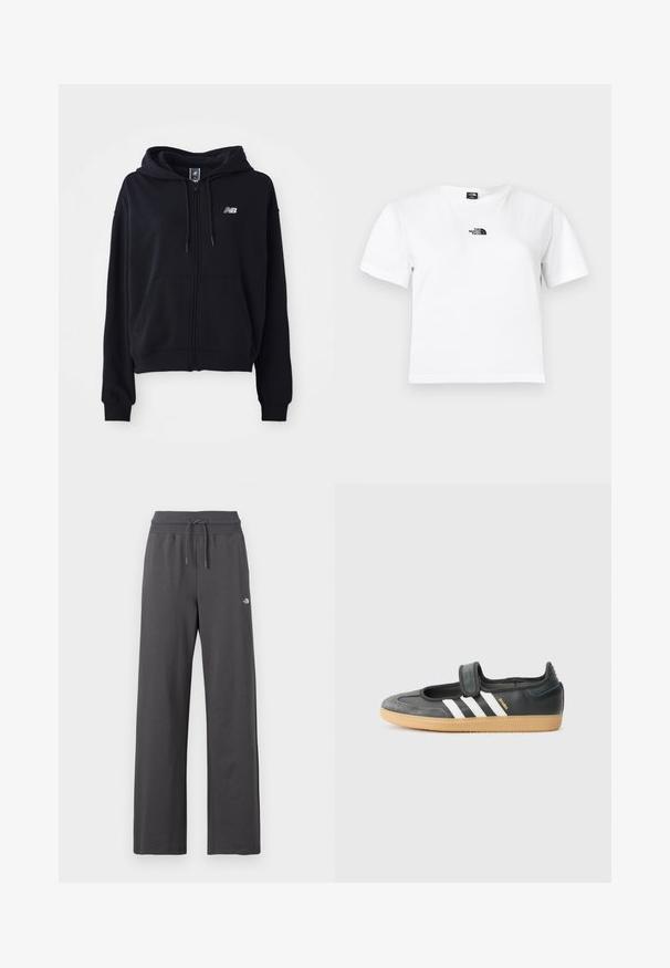Sudadera con cremallera negra, hecha de tela suave, con un bolsillo canguro, capucha con cordón y un pequeño logo reflectante en el pecho.; Camiseta blanca de algodón con mangas cortas, cuello redondo y un logo negro de The North Face en el pecho. Diseño sencillo y sin adornos.; Pantalones deportivos anchos de color gris oscuro con cintura elástica acanalada y cordón, con un pequeño logo blanco en el muslo derecho.; Zapatilla de deporte de cuero negro y ante con una correa de Velcro, que presenta tres rayas blancas y una suela de goma, etiquetada "SAMBA" en el lateral.