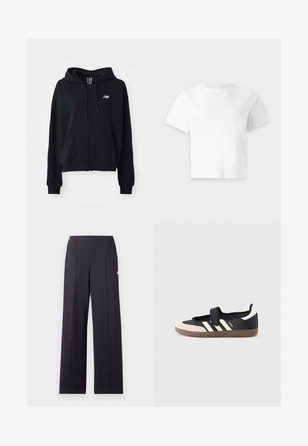 Schwarze Zip-Hoodie aus weichem Stoff, mit Kängurutasche, verstellbarem Kapuze und einem kleinen reflektierenden Logo auf der Brust.; Schlichtes weißes T-Shirt mit kurzen Ärmeln, Rundhalsausschnitt und geradem Saum, auf einem leeren hellgrauen Hintergrund präsentiert.; Schwarze Hose mit weitem Bein, dezenten vorderen Nähten und kleinem weißen Logo am oberen Oberschenkel auf einfarbigem Hintergrund.; Schwarzer und beiger Sneaker mit Klettverschluss, drei weißen Streifen an der Seite und einer strukturierten braunen Gummisohle. Markenlogo sichtbar.