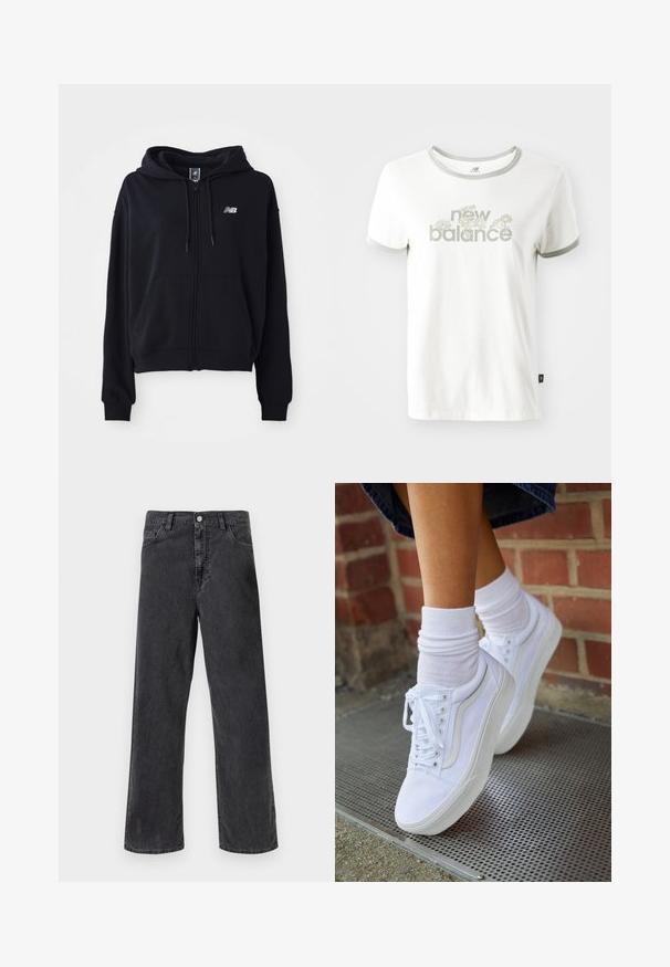 Zwarte zip-up hoodie van zacht materiaal, voorzien van een kangoeroe-pocket, een capuchon met trekkoord en een klein reflecterend logo op de borst.; Witte katoenen t-shirt met grijze afwerking, voorzien van een bloemenontwerp en de tekst "new balance" in lichtgroen. Korte mouwen, normale pasvorm.; Zwarte denim jeans met een rechte pijp, voorzien van een metalen knoopsluiting, vijf zakken en zichtbare stiksels. Soepele textuur en gedempte kleur.; Witte canvas sneakers met rubberen zolen, voorzien van zes vetertjes, een ronde neus en lichte stikdetails, gecombineerd met witte enkelsokken.