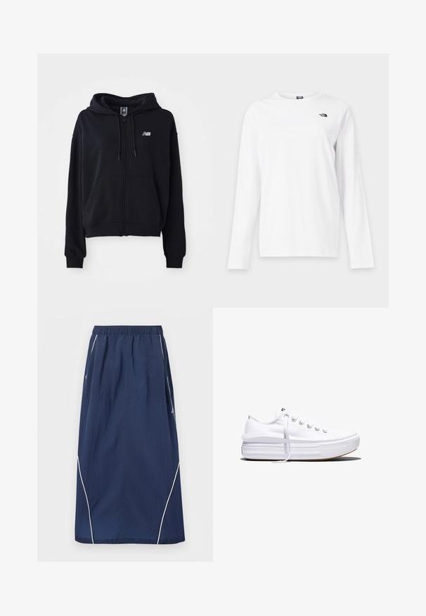 Zwarte zip-up hoodie van zacht materiaal, voorzien van een kangoeroe-pocket, een capuchon met trekkoord en een klein reflecterend logo op de borst.; Wit shirt met lange mouwen en ronde hals met klein zwart The North Face-logo op de linkerborst.; Donkerblauwe lange rok met elastische tailleband en witte biesdetails langs de zijkanten en onderste randen.; Witte lage canvas sneaker met dikke plateauzool, veters aan de voorkant en rubberen toeskap met structuur, zijaanzicht.