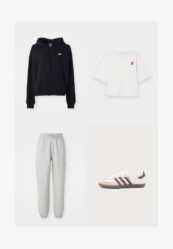 Zwarte zip-up hoodie van zacht materiaal, voorzien van een kangoeroe-pocket, een capuchon met trekkoord en een klein reflecterend logo op de borst.; Witte T-shirt met korte mouwen, gemaakt van katoen. Heeft een klein rood vierkant logo op de linkerborst. Recht gesneden. Zachte textuur.; Grijze sweatpants met een elastische tailleband en trekkoord. De stof is zacht, met elastische boorden bij de enkels en een logodetail.; Witte Adidas Samba sneaker met bruine suède strepen, bruine rubberen zool en beige suède neuskap, getoond vanaf de buitenkant op een effen achtergrond.