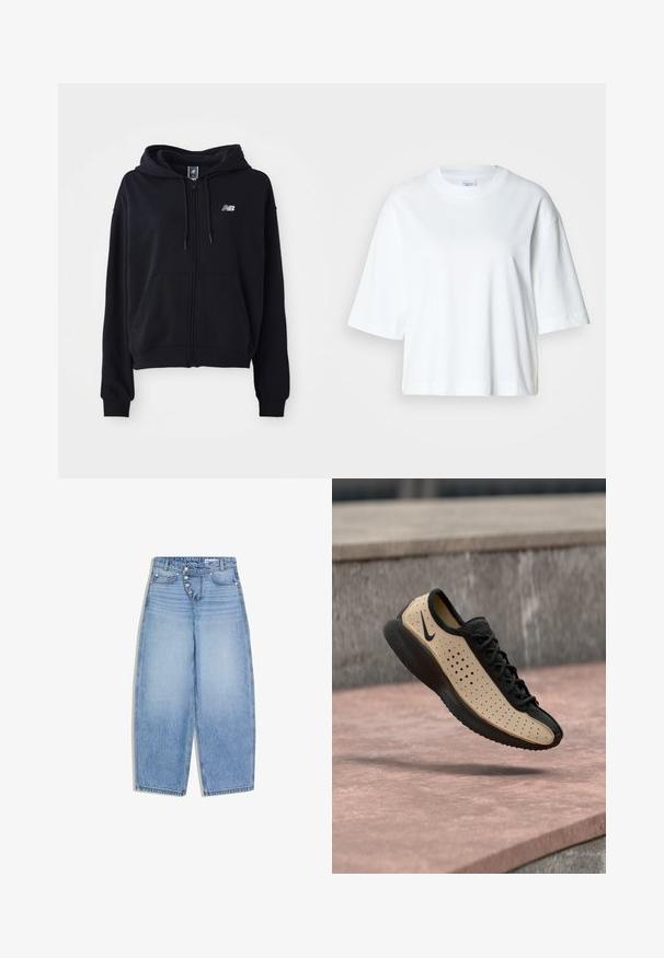 Sort zip-hoodie i blødt stof, med en kengurulomme, snoretræk til hætten og et lille reflekterende logo på brystet.; Hvid cropped t-shirt med korte ærmer, rund halsudskæring, lavet af blødt bomuldsmateriale, med et enkelt og rent design.; Lyseblå vidde cowboybukser med høj talje, asymmetrisk knaplukning og klassisk design med fem lommer.; Sort og beige Nike-sneaker med perforerede sider og sort sål, vist i luften over en lyserød betonoverflade.