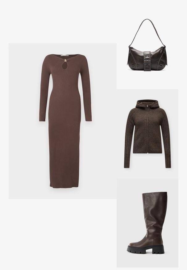 Sweat à capuche tricoté marron foncé à manches longues, avec fermeture éclair intégrale à l’avant et texture côtelée aux manches et à l’ourlet.; Robe longue marron côtelée avec un décolleté en forme de goutte, manches longues et fentes latérales. Confectionnée dans un tissu texturé, silhouette ajustée.; Botte haute jusqu'au genou en cuir marron avec une semelle noire épaisse, texture lisse, bout rond et détails de couture minimaux.; Sac à épaule en cuir marron avec une forme courbée, présentant un détail de boucle proéminent, des coutures contrastantes et une seule bandoulière.