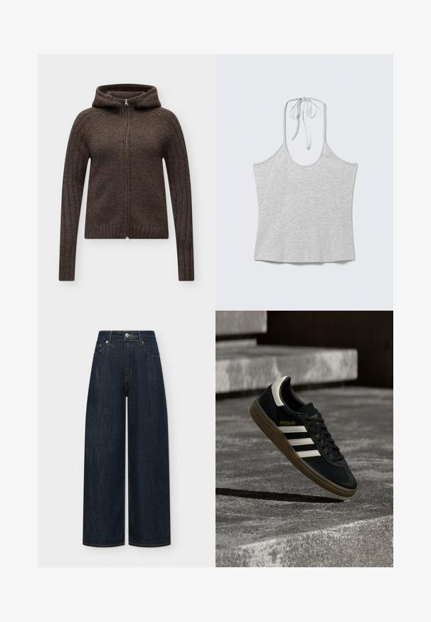 Sweat à capuche tricoté marron foncé à manches longues, avec fermeture éclair intégrale à l’avant et texture côtelée aux manches et à l’ourlet.; Haut sans manches gris clair à col halter avec un nœud au niveau du cou, posé à plat sur un fond blanc.; Jean en denim bleu foncé à jambes larges avec poches avant, passants pour ceinture et fermeture par bouton métallique sur un fond uni.; Baskets Adidas noires avec des bandes blanches et une semelle en gomme flottant au-dessus d'escaliers en béton gris sous une lumière naturelle.