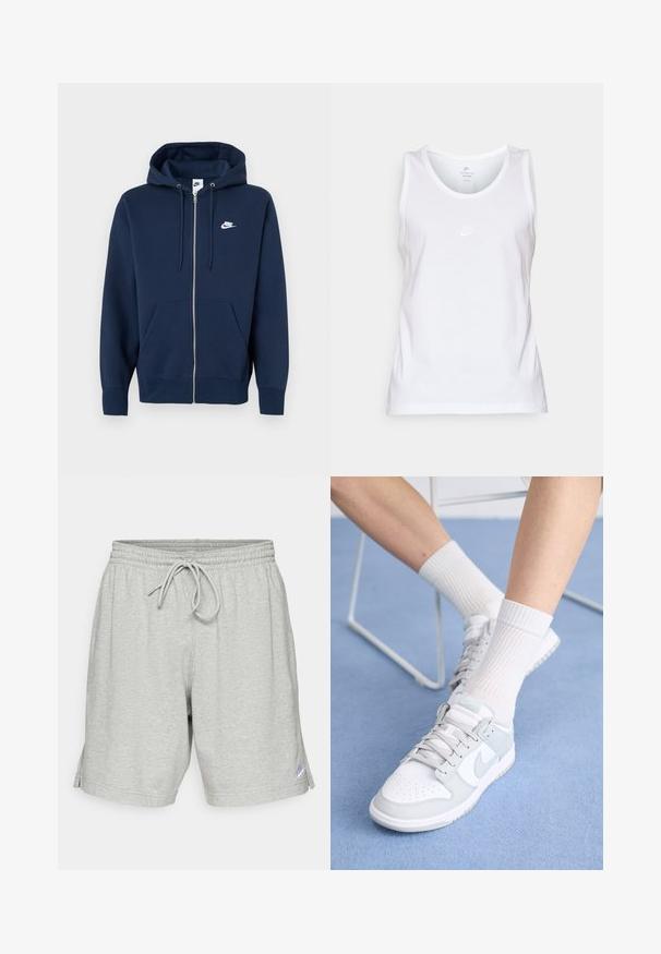 Marineblå hættetrøje med lynlås, frontlomme, snøre i hætten og et hvidt Nike-logo på venstre bryst. Fremstillet af blødt stof.; Hvid bomulds tanktop med rund hals, ærmeløst design og et lille tonet Nike-logo på forsiden. Glat tekstur.; Grå atletiske shorts lavet af blød stof, med elastisk talje med snøre og et lille logo i nederste venstre hjørne.; Hvide sneakers med lyseblå accenter, læderoverdel, perforeret tå, tykke snørebånd og ribbede hvide sokker mod en blå baggrund.