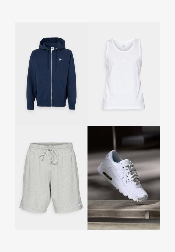 Tmavomodrá mikina na zips s predným vreckom, kapucňou so šnúrkami a bielym logom Nike na ľavej strane hrude. Vyrobená z mäkkej látky.; Biela bavlnená tielko s okrúhlym výstrihom, bez rukávov a malým tónovým logom Nike vpredu. Hladká textúra.; Sivé športové šortky vyrobené z mäkkej tkaniny, s elastickým pásom a šnúrkou na stiahnutie, a malým logom na dolnej ľavej strane.; Biele kožené tenisky s textúrovanými povrchmi, polstrovaným golierom a viditeľným vzduchovým odpružením v podrážke. Majú šnúrky a minimalistický dizajn.