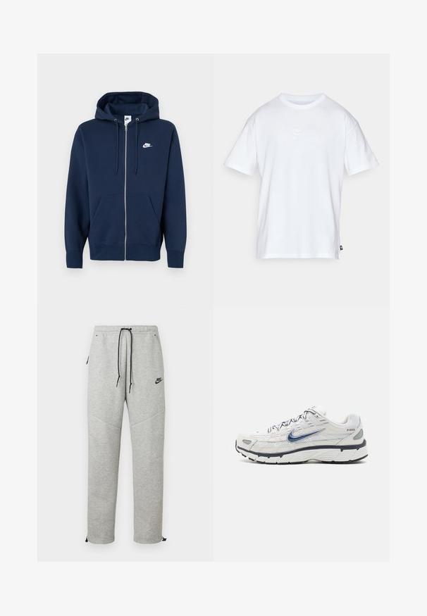 Marineblauer Kapuzenpullover mit Reißverschluss, einer Fronttasche, verstellbarer Kapuze mit Kordelzug und einem weißen Nike-Logo auf der linken Brustseite. Hergestellt aus weichem Stoff.; Weißes Baumwoll-T-Shirt mit kurzen Ärmeln und Rundhalsausschnitt. Verfügt über ein kleines, dezentes Nike-Logo auf der Brust und ein seitliches Etikett.; Graue Nike Sweatpants mit einem Kordelzugbund, Seitentaschen und elastischen Bündchen. Sie haben eine glatte Textur und ein kontrastierendes schwarzes Logodetail.; Nike Sportswear P 6000 - Sneaker low - phantom/obsidian/summit white/white/black/metallic silver