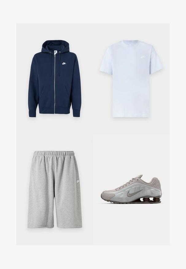 Marineblå hættetrøje med lynlås, frontlomme, snøre i hætten og et hvidt Nike-logo på venstre bryst. Fremstillet af blødt stof.; Lyseblå bomulds t-shirt med korte ærmer, rund hals og et hvidt Nike-logo trykt på venstre bryst. Glat tekstur, simpelt design.; Grå bomuldsshorts med elastik i taljen, med løs pasform og et lille hvidt logo nær kanten. Glat tekstur, længde over knæet.; Nike løbesko i lysegrå med en glat tekstur, buet design og synlige støddæmpningsfjeder i mørkebrun ved hælen.