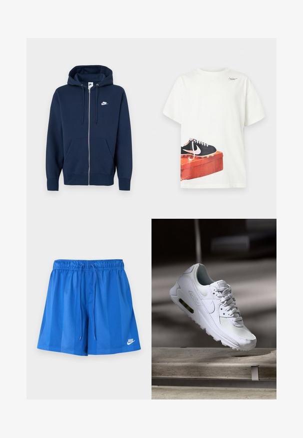 Marineblauer Kapuzenpullover mit Reißverschluss, einer Fronttasche, verstellbarer Kapuze mit Kordelzug und einem weißen Nike-Logo auf der linken Brustseite. Hergestellt aus weichem Stoff.; Weißes T-Shirt mit kurzen Ärmeln, darauf ein gedruckter schwarzer Nike-Fußballschuh auf einer abgenutzten roten Schuhschachtel in der Nähe des Saums und ein kleines Logo in der Nähe des Halsausschnitts.; Blaue Sportshorts mit elastischem Bund und Kordelzug, mit weißem Nike-Logo am unteren linken Bein.; Weiße Nike Air Max 90 Sneaker mit einem Obermaterial aus Mesh und Leder, durchlässigem Zehenbereich und einer sichtbaren Air-Einheit in der Ferse.