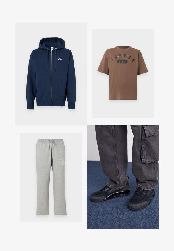 Laivastonsininen vetoketjullinen huppari, jossa etutasku, kiristysnauhallinen huppu ja vasemmassa rinnassa valkoinen Nike-logo. Valmistettu pehmeästä kankaasta.; Ruskea lyhythihainen t-paita, jossa edessä keskellä "JORDAN"-teksti ja numero "23", sekä siluetti koripalloilijasta hypähtämässä.; Harmaat collegehousut, joissa on joustava vyötärönauha ja nyöri, ylävasemmassa reisissä pieni valkoinen pyöreä logo.; Mustat urheilukengät, joissa on teksturoitu pinta, sileät yksityiskohdat ja paksu pohja, yhdistettynä tummiin, löysiin cargo-housuihin.
