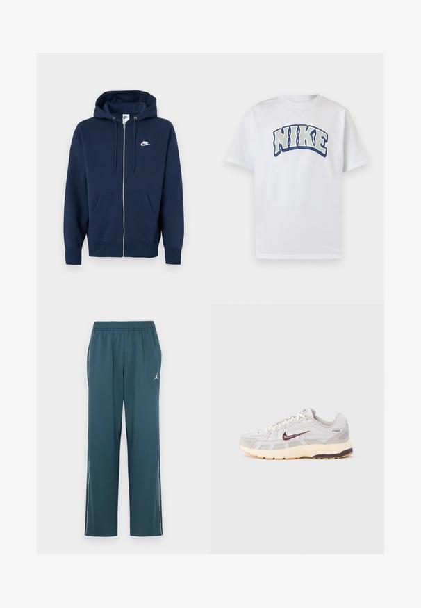 Marineblauwe zip-up hoodie met een voorzak, trekkoord in de capuchon en een wit Nike-logo op de linkerborst. Gemaakt van zacht materiaal.; Wit T-shirt met korte mouwen met grote gebogen "NIKE" tekst in vetgedrukte, omlijnde letters, gecentreerd op de borst.; Donkergroene sportbroek met een elastische tailleband, twee zijzakken, witte strepen aan de zijkant en een klein logo op de linker dij.; Hardloopschoen voor heren in lichtgrijs en crème met een ademend mesh bovenwerk, een donkerrode Nike-swoosh, een gevoerde kraag en een gestructureerde zool.