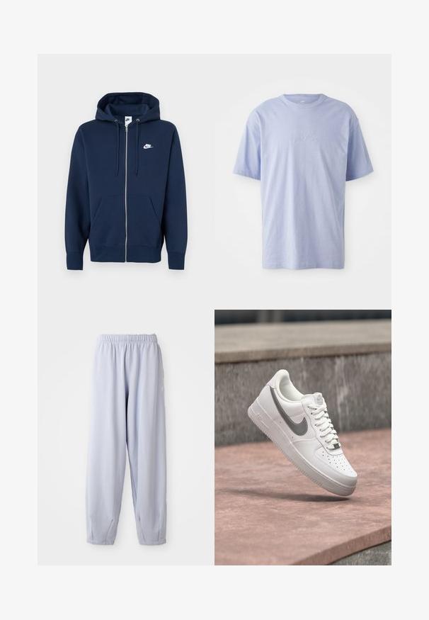 Marineblå hættetrøje med lynlås, frontlomme, snøre i hætten og et hvidt Nike-logo på venstre bryst. Fremstillet af blødt stof.; Lysblå bomulds T-shirt med rund halsudskæring og korte ærmer. Har et præget "nike" logo i midten foran. Blød tekstur.; Lyse lavendel joggers lavet af blød stof med elastisk talje og samlede ankler. Har subtil branding på siden.; Hvid Nike Air Force 1 sneaker med gråt swoosh-logo svævende over en stensurface og en grå stenvæg i baggrunden.