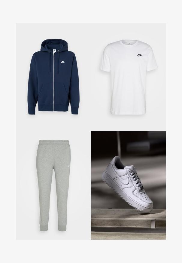 Tmavomodrá mikina na zips s predným vreckom, kapucňou so šnúrkami a bielym logom Nike na ľavej strane hrude. Vyrobená z mäkkej látky.; Biela bavlnená tričko s okrúhlym výstrihom, krátkymi rukávmi a čiernym logom Nike na ľavej hrudi. Jednoduchý, jednofarebný dizajn.; Šedé tepláky z jemnej látky s úzkym strihom, elastickým pásom a malým bielym logom Nike na ľavom stehne.; Biely kožený teniska Nike Air Force 1 má perforovanú špičku, ploché šnúrky a štruktúrovanú gumovú podrážku s nápisom „AIR“ na boku.