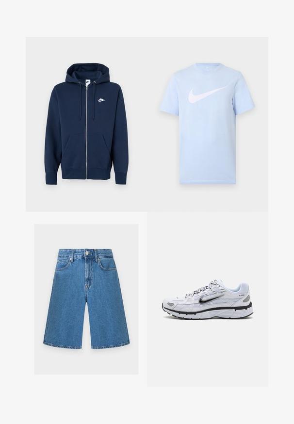 Marineblauer Kapuzenpullover mit Reißverschluss, einer Fronttasche, verstellbarer Kapuze mit Kordelzug und einem weißen Nike-Logo auf der linken Brustseite. Hergestellt aus weichem Stoff.; Hellblaues T-Shirt mit kurzen Ärmeln und einem großen weißen Nike-Swoosh-Logo, das mittig auf der Vorderseite vor einem schlichten Hintergrund platziert ist.; Blaue Jeansshorts mit hoher Taille, Fronttaschen, Gürtelschlaufen und Knopfverschluss, vor einem einfarbigen hellen Hintergrund dargestellt.; Weißer Laufschuh mit Obermaterial aus Mesh, abgerundetem Zeh, schwarzen Akzenten und gemusterter Sohle. Verfügt über Schnürung und Branding an der Seite.