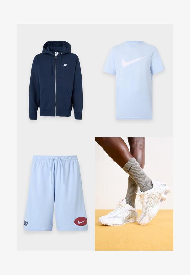 Tmavomodrá mikina na zips s predným vreckom, kapucňou so šnúrkami a bielym logom Nike na ľavej strane hrude. Vyrobená z mäkkej látky.; Svetlomodré tričko s krátkym rukávom a veľkým bielym logom Nike Swoosh umiestneným v strede prednej časti na jednoliatom pozadí.; Svetlomodré športové šortky s elastickým pásom a šnúrkou, s červeným logom Nike na pravej nohe a nápisom "athletic dept." na ľavej strane.; Biele tenisky Nike so striebornými akcentmi, vybavené textúrovanými panelmi a perforáciami. Spárované so šedými rebrovanými ponožkami, umiestnené na žltom pozadí.