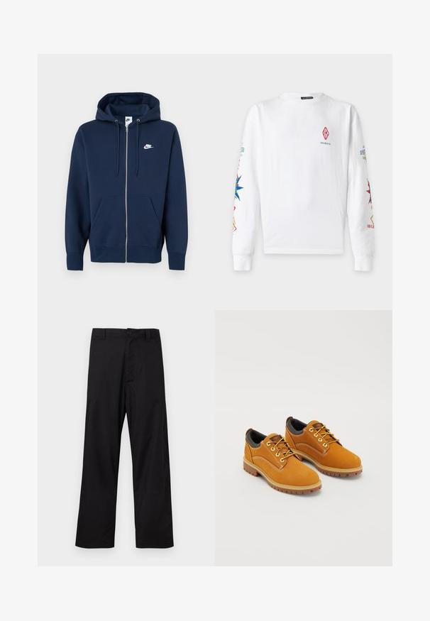 Laivastonsininen vetoketjullinen huppari, jossa etutasku, kiristysnauhallinen huppu ja vasemmassa rinnassa valkoinen Nike-logo. Valmistettu pehmeästä kankaasta.; Valkoinen pitkähihainen paita, jossa pieni punainen logo rinnassa ja värikkäät kompassi- ja tekstikuvioinnit molemmissa hihoissa.; Mustat suorat housut, joissa on nappi- ja vetoketjusuljenta, vyölenkit, esiteltynä tasaisena vaalealla taustalla.; Ruskeat mokkasandaalit, joissa on pyöreä kärki, keltaiset nauhat, pehmustettu musta kaulus ja kumipohjat, joissa on pitouria.