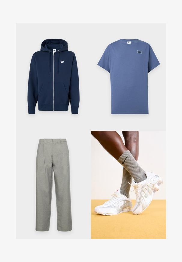 Marineblå hættetrøje med lynlås, frontlomme, snøre i hætten og et hvidt Nike-logo på venstre bryst. Fremstillet af blødt stof.; Blå kortærmet T-shirt med rund hals og et lille Nike swoosh-logo inde i en afrundet firkant på venstre bryst.; Grå skræddersyede bukser lavet af struktureret stof, med lige ben-design, frontfolder og en standard talje med bæltesløjfer.; Nike sneakers i hvid med sølv accenter, der har teksturerede paneler og perforeringer. Sammen med grå ribbede sokker, sat mod en gul baggrund.