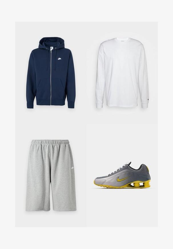 Marineblå hættetrøje med lynlås, frontlomme, snøre i hætten og et hvidt Nike-logo på venstre bryst. Fremstillet af blødt stof.; Hvid langærmet T-shirt lavet af bomuld. Rund halsudskæring med ribbede manchetter og et lille logo på venstre ærme. Glat tekstur.; Grå bomuldsshorts med elastik i taljen, med løs pasform og et lille hvidt logo nær kanten. Glat tekstur, længde over knæet.; Nike Sportswear SHOX R4 SE UNISEX - Sneakers - vast grey/bright citron/light graphite/smoke grey/white/black