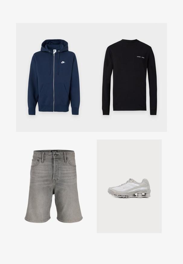 Laivastonsininen vetoketjullinen huppari, jossa etutasku, kiristysnauhallinen huppu ja vasemmassa rinnassa valkoinen Nike-logo. Valmistettu pehmeästä kankaasta.; Musta pitkähihaista T-paitaa, joka on valmistettu puuvillasta. Siinä on pyöreä pääntie ja kaksinkertaiset valkoiset "SAMSØE"-logopainatukset vasemmassa rintataskussa.; Harmaat farkkushortsit, joissa viisi taskua, vyölenkit, etunappi ja vetoketju, esillä pystyasennossa yksivärisellä valkoisella taustalla.; Vaaleanharmaa ja valkoinen urheilukenkä, jossa näkyvä jousimainen pehmustus pohjassa ja verkkokankainen päälliosa.