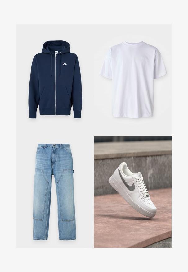 Laivastonsininen vetoketjullinen huppari, jossa etutasku, kiristysnauhallinen huppu ja vasemmassa rinnassa valkoinen Nike-logo. Valmistettu pehmeästä kankaasta.; Valkoinen puuvillainen t-paita, jossa on pyöreä kaula-aukko ja lyhyet hihat. Vasemmassa rinnassa on hillitty logo brodeerattuna samaan väriin.; Vaaleansinisen farkkukankaiset kirvesmiehen housut, joissa on suuret etutaskut ja oikealla puolella vasaranpidike, suora lahkeen leikkaus.; Valkoinen Nike Air Force 1 -tennari, jossa harmaa swoosh-logo, leijuu kiven päällä kiven harmaan seinän taustalla.