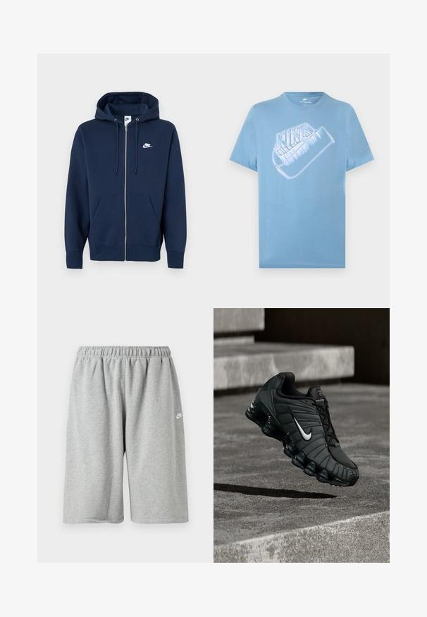 Marineblå hættetrøje med lynlås, frontlomme, snøre i hætten og et hvidt Nike-logo på venstre bryst. Fremstillet af blødt stof.; Lyseblå kortærmet Nike T-shirt med stor stiliseret hvid Nike-logo og swoosh-grafik på brystet.; Grå bomuldsshorts med elastik i taljen, med løs pasform og et lille hvidt logo nær kanten. Glat tekstur, længde over knæet.; Nike sportsko i mørkegrøn, med en glat syntetisk overdel, mesh-struktur, sorte snørebånd og en blank sål med air-dæmpning.