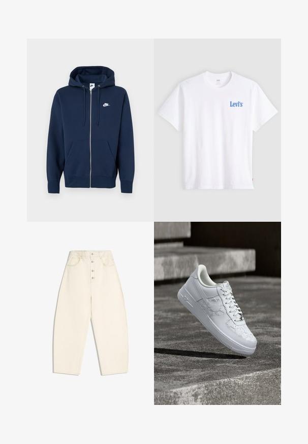 Marineblå hættetrøje med lynlås, frontlomme, snøre i hætten og et hvidt Nike-logo på venstre bryst. Fremstillet af blødt stof.; Hvid kortærmet T-shirt med rund hals og lille blåt Levi's-logo på venstre bryst samt en rød Levi's-mærkat på venstre sidesøm.; Højtbådede, viddebenede bukser i cremefarve med frontknaplukning og sidelommer samt baglommer på hvid baggrund.; Hvid Nike Air Force 1 sneaker med prægede stjernemønstre og en metallisk stjerne snørebåndsvedhæng, der svæver over en betongulv.