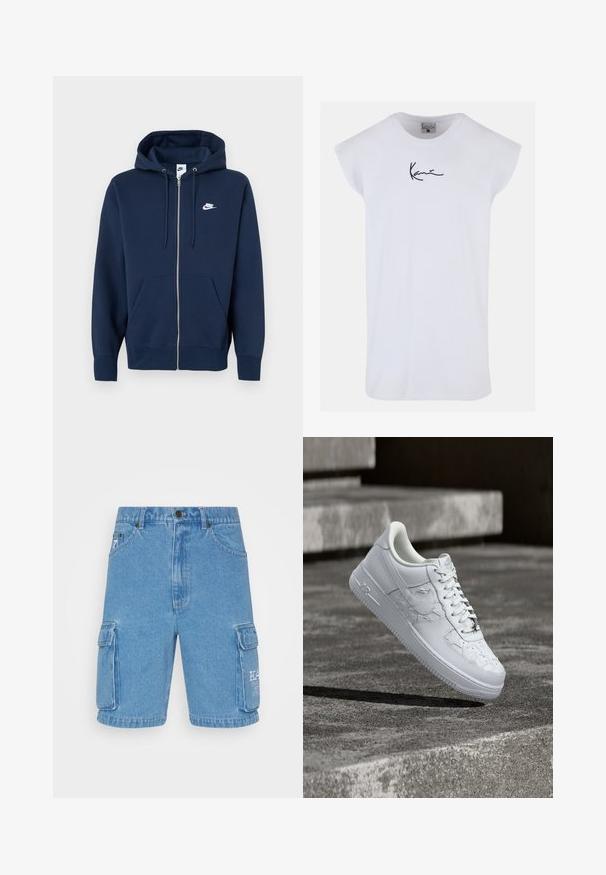 Marineblauwe zip-up hoodie met een voorzak, trekkoord in de capuchon en een wit Nike-logo op de linkerborst. Gemaakt van zacht materiaal.; Karl Kani SMALL SIGNATURE TEE - Top - white; Karl Kani RETRO CARGO SHORTS VINTAGE - Shorts - vintage mid blue; Witte Nike Air Force 1 sneaker met gegraveerde sterrenpatronen en een metalen ster-veterbedel, zwevend boven een betonnen oppervlak.
