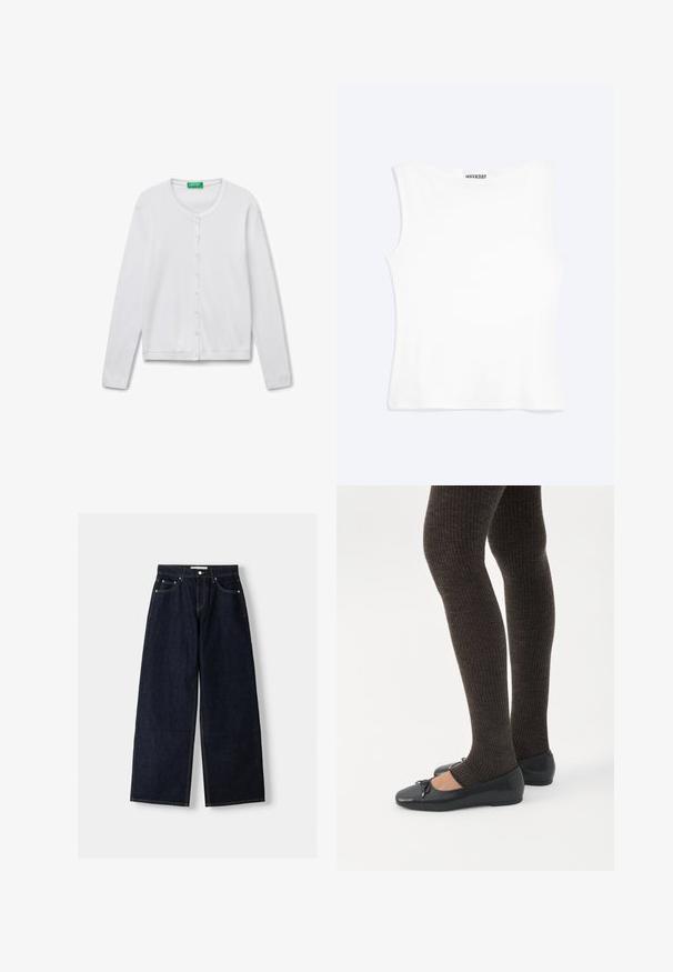 Witte, lange mouwen cardigan van zacht materiaal, met een ronde hals, knoopsluiting en geribbelde manchetten en zoom.; Wit nauwsluitend mouwloos tanktopje met een ronde halslijn en minimalistisch ontwerp, met het label "WEEKDAY" aan de binnenkant van de kraag.; Donkerblauwe denim wijduitlopende jeans met een hoge taille, vijf zakken, contrasterende stiksels en zilveren metalen hardware. Gladde textuur en een nette afwerking.; Benen met donkere geribbelde leggings gecombineerd met zwarte ballerina's met kleine strikdetails op een witte achtergrond.