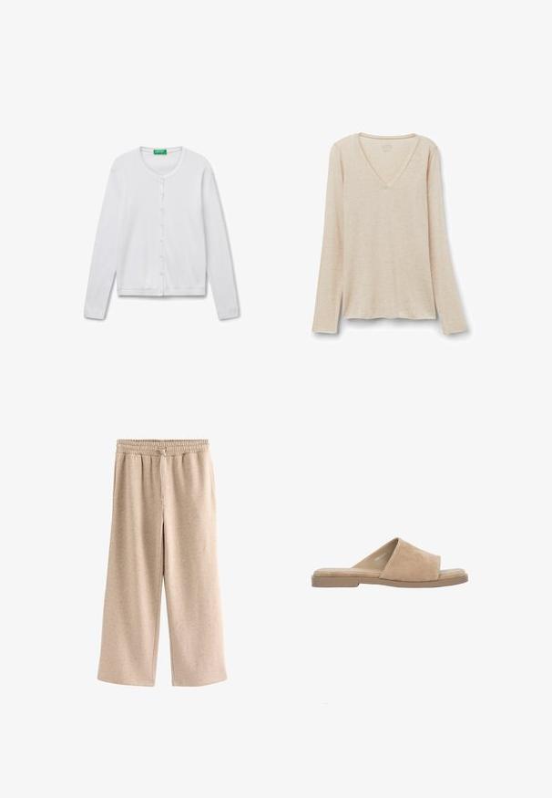 Witte, lange mouwen cardigan van zacht materiaal, met een ronde hals, knoopsluiting en geribbelde manchetten en zoom.; Langarm V-hals top in lichtbeige stof met een zachte textuur. Relaxte pasvorm met een rechte zoom en een minimalistisch ontwerp.; Beige broek met wijde pijpen, een elastische tailleband en een koordje, gemaakt van een zachte, gevlekte stof.; Beige suède open-toe platte slipper met brede band en gevoerde binnenzool, afgebeeld op een witte achtergrond.
