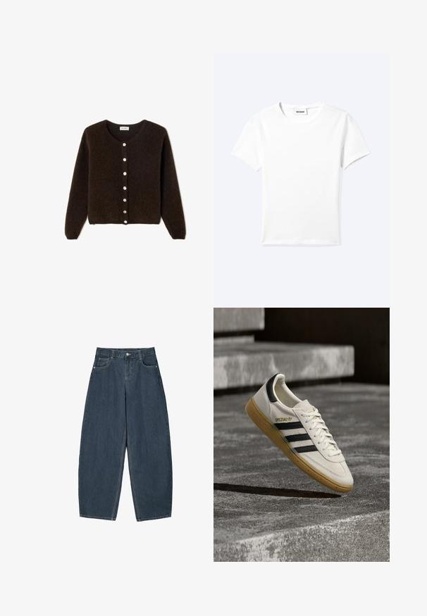 Braune, flauschige Strickjacke mit rundem Ausschnitt und langen Ärmeln. Sie verfügt über eine Knopfleiste mit hellen Knöpfen und einem lässigen Schnitt.; Einfaches weißes T-Shirt mit kurzen Ärmeln und Rundhalsausschnitt sowie kleinem "WEEKDAY"-Etikett im Nacken, flach auf einem hellen Hintergrund präsentiert.; Dunkelblaue Denim-Hosenträger mit weitem Bein und hoher Taille, ausgestattet mit fünf Taschen und sichtbaren Nähdetails. Sauberes, minimalistisches Design.; Weißer Adidas Spezial Sneaker mit schwarzen Streifen und Kautschuksohle, der über grauen Steinstufen im Freien schwebt.