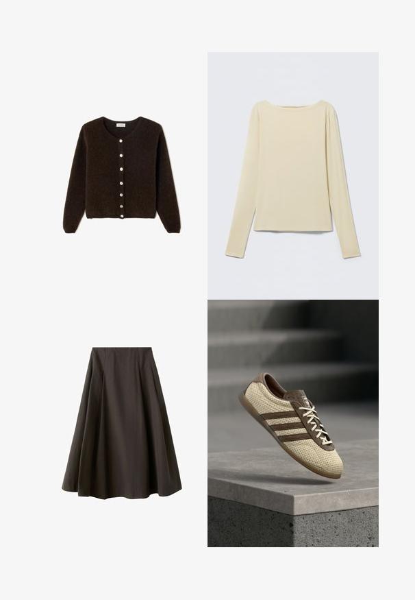 Hnedý, chĺpkový kardigán s okrúhlym výstrihom a dlhými rukávmi. Má zapínanie na gombíky s svetlými gombíkmi a voľný strih.; Béžový priliehavý top s dlhým rukávom a lodičkovým výstrihom, položený na svetlom pozadí.; Čierna sukňa do áčka s vysokým pásom a rozšíreným lemom, vyrobená z hladkej tkaniny, zobrazená na bielom pozadí.; Béžová a hnedá tkaná teniska s tromi pruhmi a bielymi šnúrkami, ktorá pláva nad betónovým okrajom so schodmi v pozadí.