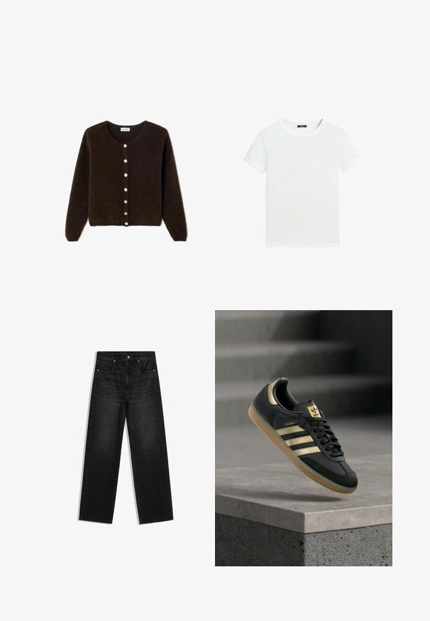 Braune, flauschige Strickjacke mit rundem Ausschnitt und langen Ärmeln. Sie verfügt über eine Knopfleiste mit hellen Knöpfen und einem lässigen Schnitt.; Schlichtes weißes T-Shirt mit kurzen Ärmeln, rundem Halsausschnitt und einem kleinen schwarzen Etikett innen am Kragen.; Schwarze Jeans mit geradem Bein, Vordertaschen, Gürtelschlaufen und Knopfverschluss, vor weißem Hintergrund gezeigt.; Schwarzer Adidas Samba Sneaker mit goldenen Streifen und Gummisohle, der über einer Betonfläche mit unscharfen Treppen im Hintergrund schwebt.