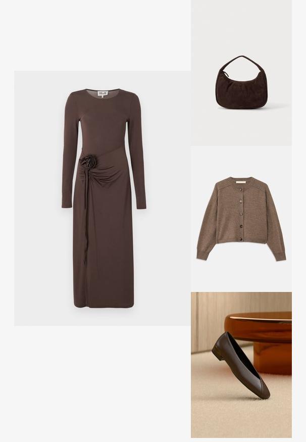 Cardigan en tricot marron avec des manches longues, des poignets côtelés et une fermeture à boutons sur le devant. Il présente un col rond et un ourlet légèrement court.; Robe ajustée à manches longues, de couleur marron foncé, avec un col rond et un détail plissé mis en valeur par une rose en tissu sur la taille gauche.; Chaussure plate en cuir brun foncé avec un petit talon et un accent doré, posée sur un tapis beige près d’une table ronde de couleur ambre.; Sac à main en daim marron foncé avec une courte sangle et une forme rectangulaire arrondie sur un fond uni clair.