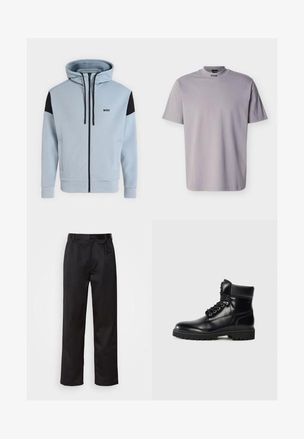 Sweat à capuche bleu clair zippé intégral avec empiècements noirs aux épaules, cordons, poches latérales et logo "BOSS" sur la poitrine gauche.; T-shirt gris clair à manches courtes, col ras du cou côtelé, avec le logo "BOSS" imprimé sous l'encolure.; Pantalon noir en tissu lisse, avec une fermeture à bouton sur le devant, des plis et des jambes droites. Aucun motif ou accent visible.; Bottine en cuir noir avec une finition brillante, design à lacets, col rembourré et semelle en caoutchouc robuste avec des grips de traction.