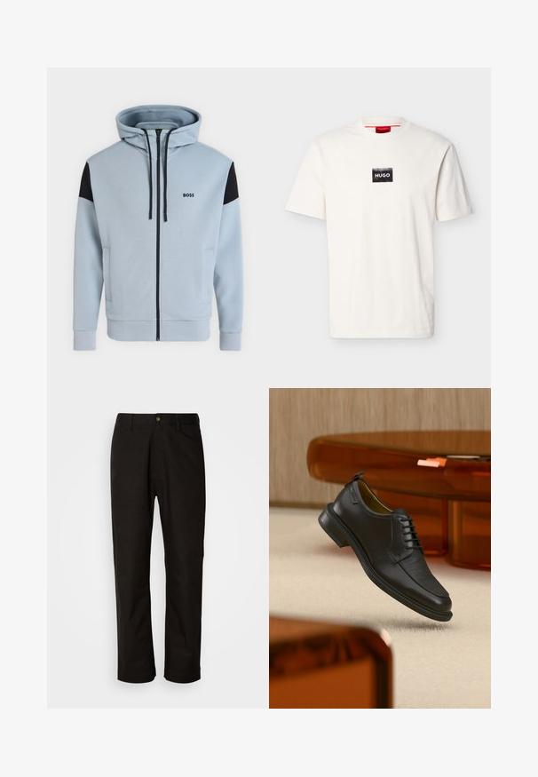 Sweat à capuche bleu clair zippé intégral avec empiècements noirs aux épaules, cordons, poches latérales et logo "BOSS" sur la poitrine gauche.; T-shirt blanc à manches courtes avec col rond, doté d'un petit patch rectangulaire noir et du texte blanc "HUGO" sur la poitrine.; Pantalon en coton noir avec une coupe droite, des passants de ceinture, une fermeture éclair à l'avant et un seul bouton. Texture lisse sans motifs visibles.; Chaussure habillée noire en cuir à lacets avec devant texturé, flottant au-dessus d'un tapis beige dans une pièce moderne avec des meubles teintés d'ambre.