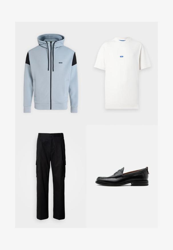 Sweat à capuche bleu clair zippé intégral avec empiècements noirs aux épaules, cordons, poches latérales et logo "BOSS" sur la poitrine gauche.; T-shirt blanc à manches courtes avec un petit logo rectangulaire bleu portant l'inscription "HUGO", centré sur la poitrine, fond uni.; Pantalon cargo noir à coupe décontractée, avec poches latérales, fermeture par bouton, et tissu léger et lisse.; Mocassin homme en cuir noir avec couture moc toe, bride penny, col texturé et petit talon empilé sur fond blanc.