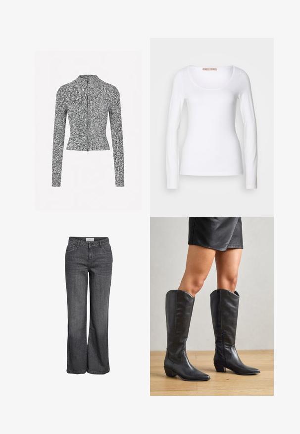 Veste zippée texturée gris et noir, dotée d'un col montant, de manches longues et d'une silhouette ajustée avec des détails en côtes.; T-shirt en coton blanc à manches longues, avec un col rond et une coupe ajustée, au toucher doux et sans ornement.; Jean large en denim gris foncé. Caractéristiques : taille haute, design traditionnel à cinq poches et ourlet net sans embellissements.; Bottes noires montantes en cuir lisse, avec un bout pointu, un petit talon carré et une fermeture éclair sur le côté pour un enfilage facile.