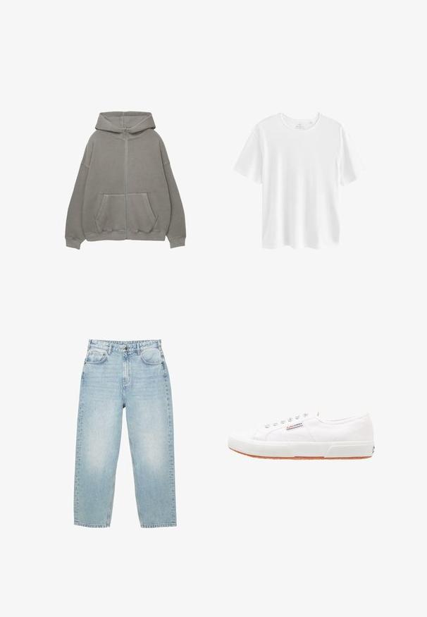 Grijze ritskap met een grote capuchon, oversized pasvorm, kangoeroezakken en ribgebreide manchetten en boord. Zacht, dik materiaal met minimale naden.; Effen wit T-shirt met korte mouwen en ronde hals in een reguliere pasvorm, getoond tegen een witte achtergrond.; Lichtblauwe high-waist spijkerbroek met een rechte pijp, voor- en achterzakken en een knoopsluiting met zichtbare stiksels.; Witte canvas sneakers met een rubberen zool, vetersluiting en een klein logolabel aan de zijkant. Gewreven wit bovenwerk en een bruine zool.