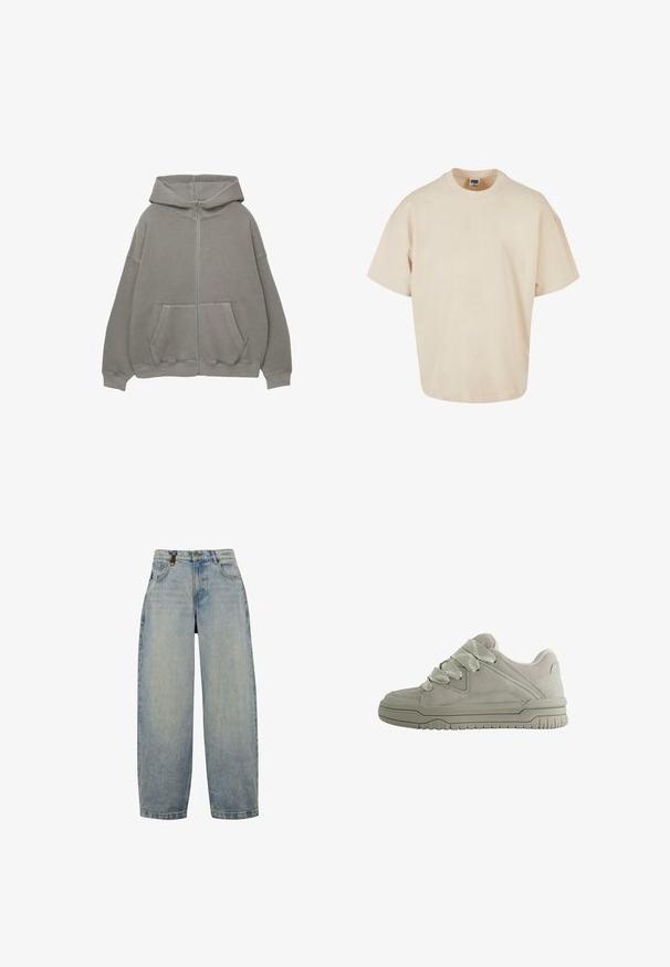 Haut zipé gris avec une grande capuche, coupe oversized, poches kangourou et finitions côtelées aux poignets et à l'ourlet. Tissu doux et épais avec des coutures minimales.; T-shirt beige oversize, fabriqué en coton doux, avec un col rond et des manches courtes, dotée d'un ourlet droit. Design simple et minimal.; Jean en denim bleu clair avec une coupe décontractée, dotée d'une taille haute, de jambes larges, d'un design classique à cinq poches et d'accents matériels en métal.; Baskets basses grises avec de larges lacets texturés, col rembourré, panneaux cousus et semelle en caoutchouc rainurée pour une meilleure adhérence.