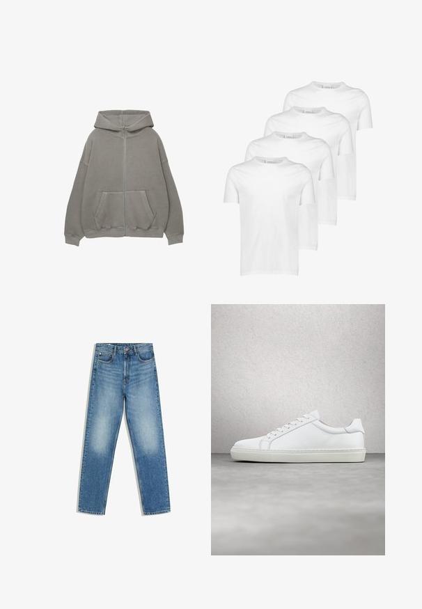 Haut zipé gris avec une grande capuche, coupe oversized, poches kangourou et finitions côtelées aux poignets et à l'ourlet. Tissu doux et épais avec des coutures minimales.; T-shirts en coton blanc, à manches courtes, col rond, texture lisse, quatre pièces empilées avec un design uniforme et sans motifs ni accents.; Jean en denim bleu avec une taille haute, bouton et fermeture éclair à l'avant, deux poches frontales et des zones décolorées au niveau des cuisses et des genoux.; Sneaker blanche avec une tige en cuir lisse et un profil bas. Présente un bout arrondi, six œillets et une semelle en caoutchouc texturé.