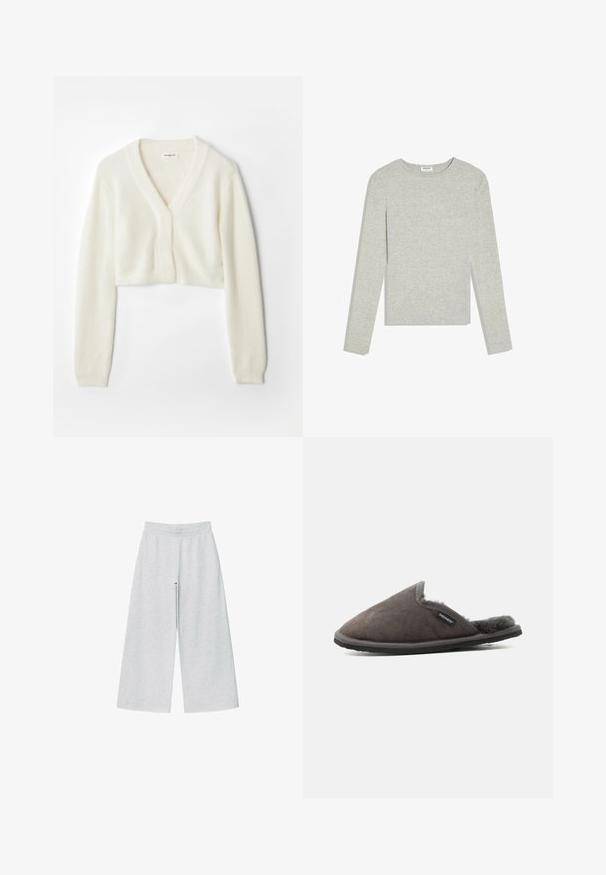 Gilet court en tissu blanc doux avec un décolleté en V, des manches longues et un détail texturé, doté d'une fermeture à boutons à l'avant.; Chemise gris clair à manches longues avec col rond, coupe ajustée et sans motifs ou logos visibles, posée à plat sur un fond blanc.; Pantalons larges gris clair en tissu doux avec une taille élastique. Le design présente une coupe ample pour un confort et une liberté de mouvement.; Chausson en daim gris à enfiler avec doublure en fourrure gris foncé et étiquette "Shepherd" sur le côté, semelle noire plate, vu de profil.