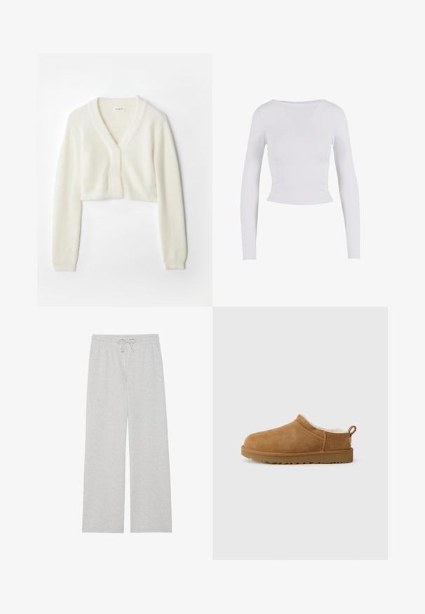 Gilet court en tissu blanc doux avec un décolleté en V, des manches longues et un détail texturé, doté d'une fermeture à boutons à l'avant.; Top crop blanc à manches longues avec un col rond, fabriqué à partir d'un tissu lisse et extensible, affichant une coupe ajustée et sans fermetures visibles.; Pantalons de survêtement gris clair en mélange de coton doux, dotés d'une coupe large, d'une taille élastique avec cordon de serrage ajustable, et sans poches.; Chaussure mocassin en suède marron avec une douillette doublure en fourrure blanche, semelle plate en caoutchouc, bout arrondi et petite languette au talon.