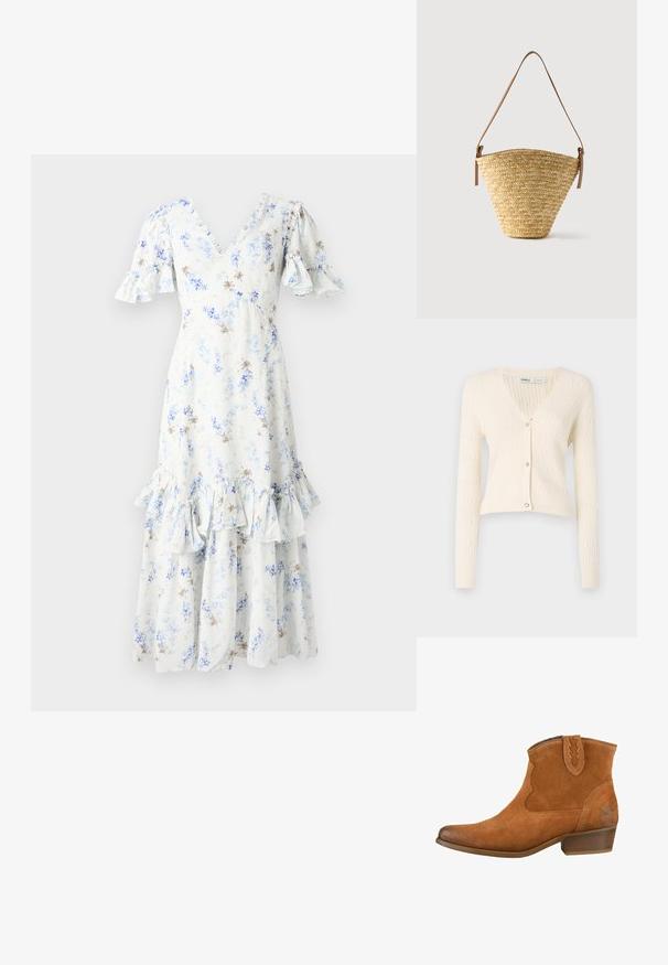 Cremefarvet strik cardigan med v-hals, lange ærmer og hjerteformede knapdetaljer. Har et struktureret ribmønster og cropped design.; Blomster midi kjole i lyseblå og hvid med puffede ærmer, V-hals og volangkant, med spredte mørkebrune detaljer og mønstre.; Tan ruskindsankelstøvler med spids tå, dekorativt syning og en lav stablet hæl. Har en pull-tab med zigzag kant.; Flettet stråtaske med bred bund, smal top og justerbar brun læder skulderrem.